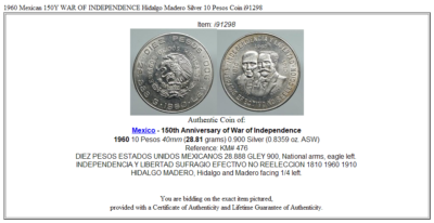 1960 Mexican 150Y WAR OF INDEPENDENCE Hidalgo Madero Silver 10