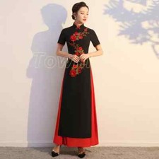2PCS Women 3D Floral Vietnamese Ao Dai Dress Cheongsam Pant Chinese Qipao Dress