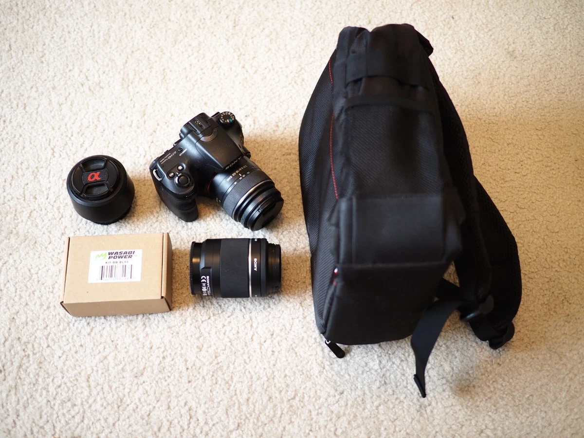 Sony a57 Camera + 3 lenses, charger, 2 batteries, and camera bag