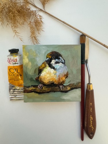Original Art Sparrow Painting Bird Oil Painting Sparrow Bird Small Artwork - Picture 10 of 14
