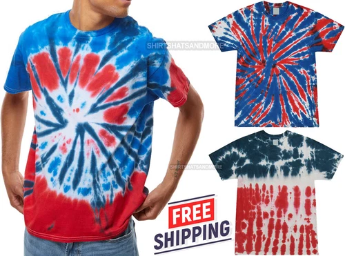 Mens USA TIE DYE T-Shirt Flag Patriotic Independence Red White Blue Tye Die Tee