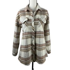 Magnolia Boutique Women's Shacket Small Plaid Cream Brown Long Sleeve Jacket