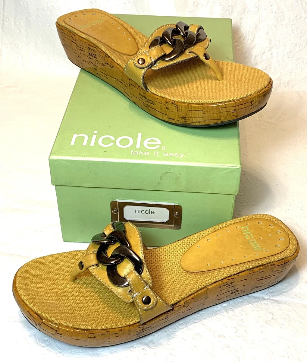NICOLE Shoes MALISSA Yellow Cork Heel Low Wedge Sandals Flip Flops