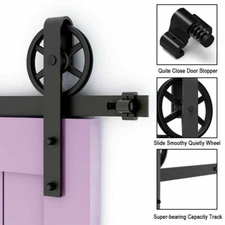 5-16FT Single Wood Sliding Barn Door Hardware Kit  Black Big Spoke Wheel Roller
