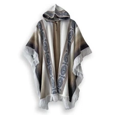 LIGHT BABY ALPACA WOOL HOODED PONCHO FRINGE UNISEX HANDMADE