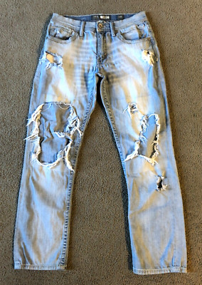 Buckle BKE Jake Straight Men's Distressed Patched Blue Jeans - Size 31R  31 x 31