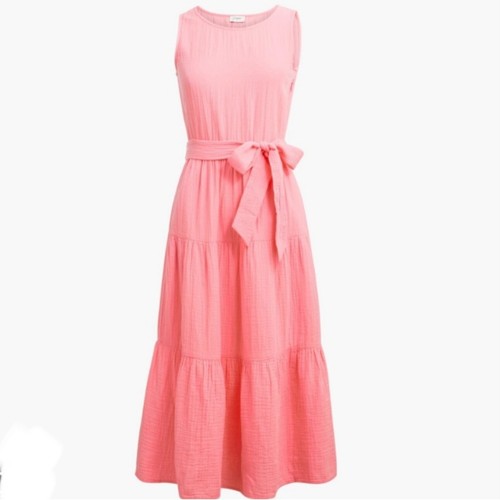 J Crew Dress Pink Gauze Midi Belted Size 6 Sleeveless Tiered Pockets Preppy Cute