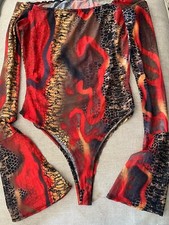 Animal print bodysuit Medium long sleeve red multicolor round neck