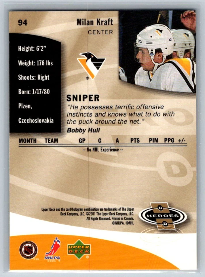 2000-01 Upper Deck Heroes #94 Milan Kraft Pittsburgh Penguins Hockey Card - Image 2 of 2