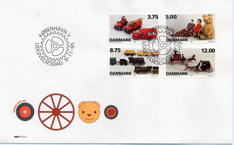 FDC Denmark Block of 4 / Antique Toys / Fire Engines, Dolls, Teddy Bear and Trai