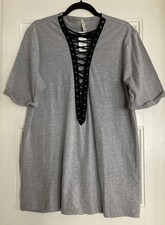Emma&Sam Gray Deep V-Neck Oversized Black Lace Up Grommet Sweater Dress/Tunic SM
