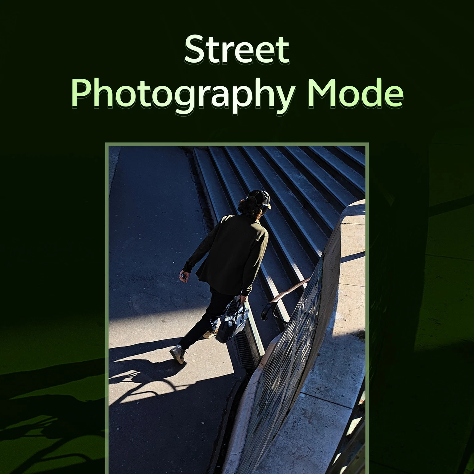 Man in black helmet and gray pants descending concrete stairs, with “Street Photography Mode” text in green.