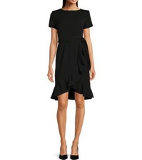 NEW Calvin Klein Women’s Boat Neck Wrap Dress Size 2 Black Ruffle Tie Waist