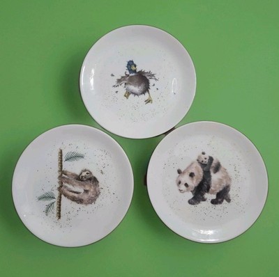 3 Royal Worcester Wrendale Designs Hannah Dale 8'' Plates SLOTH DUCK PANDA
