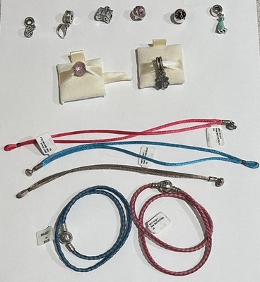 Authentic Pandora Sterling Silver Pendants & Charms, cord & Leather Bracelets