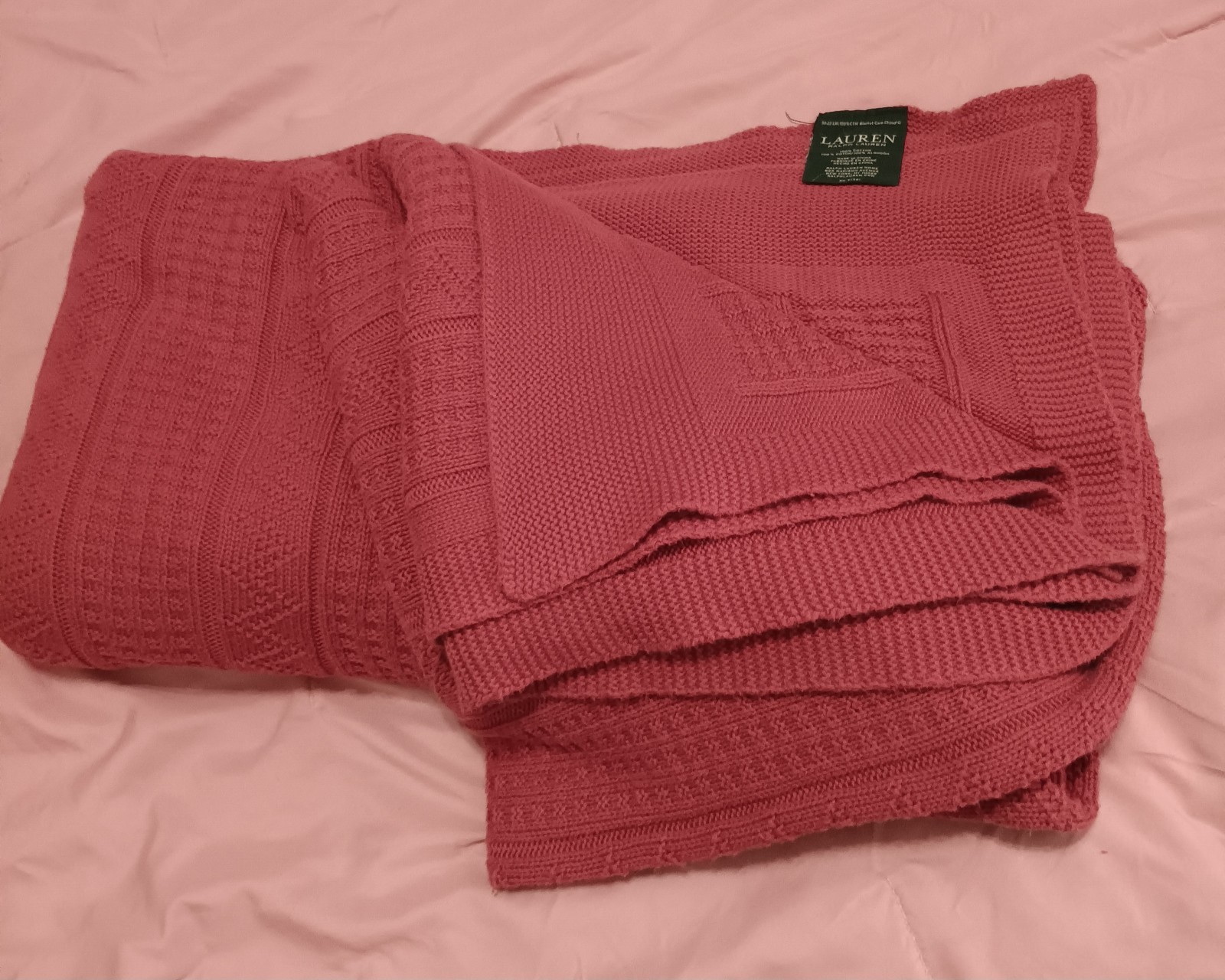Ralph Lauren Cotton Cable Knit Weave Queen Size Blanket Throw Salmon Pink thumbnail 5