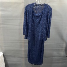 Alex Evenings Dress With Jacket Midi Length Sequin Lace Size 8 Blue Approx 40 L