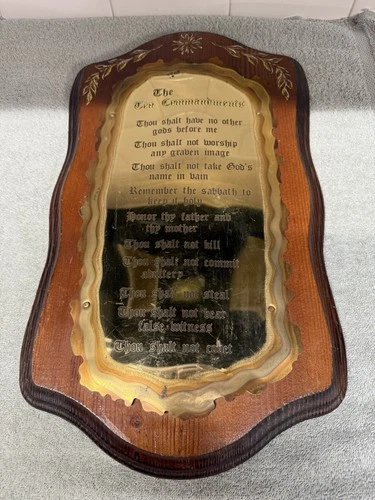 The Ten Commandments Wooden Plaque with Brass Overlay Vintage Wall Hanging