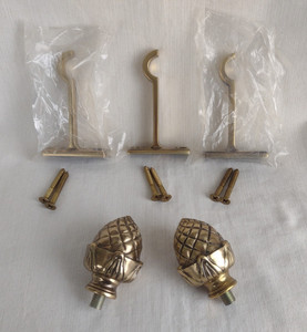 Pair of Acorn / Pinecone Heavy Brass Finish Curtain Rod Finials with Hardware