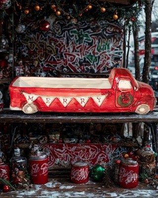 Mud Pie Merry Truck Ceramic Christmas Cracker Or Candy Dish Red Vintage Truck