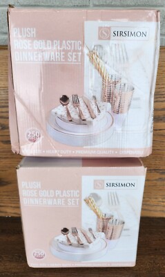 2 BOXES SIRSIMON 500 Piece Disposable Rose Gold Plastic Dinnerware Set Serves 50