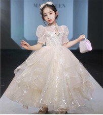 Girls Kids Show Long dress Mesh Sequins Luxury Ball Gown Princess Frock 19271
