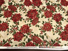 BTY Cream/Red Poinsettia Holly Toss Xmas Cotton Fabric-Timeless Treasure Gold