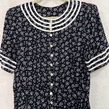 VTG 90s Floral Cottage Core Button Front Prairie Teacher Dress 14 Black White
