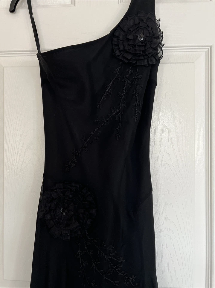 Vintage Black Classic One Shoulder 100% Silk Fit And Flowy Maxi Cocktail Dress 2 - Image 4 of 4