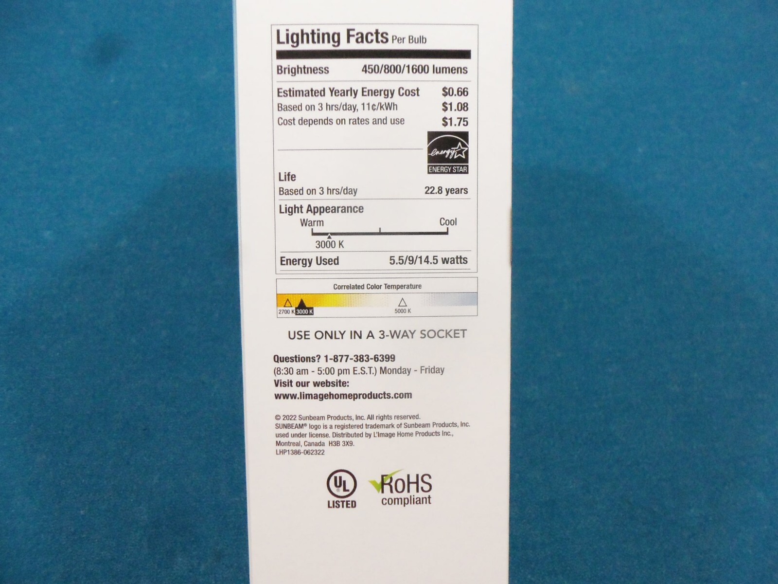 Sunbeam 3-way LED Energy Saving Bulbs 40/60/100 Watt,  4 pack - 22.8 Year Life