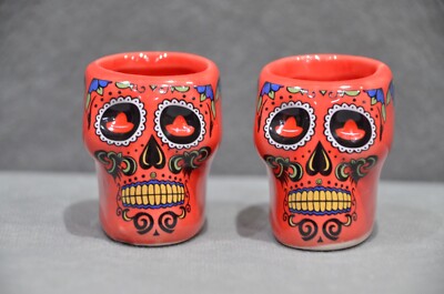 2x Sierra Tequila Day Of The Dead Skull Tiki Bar Shot Glass Red Ceramic 2.5cl