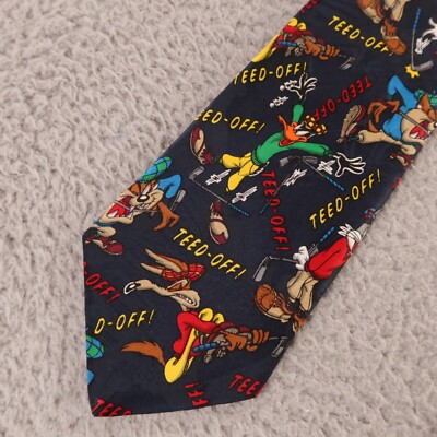 Looney Tunes Tie Blue Bugs Bunny Taz Daffy Duck Mania Golf Silk 90s 1994 4''