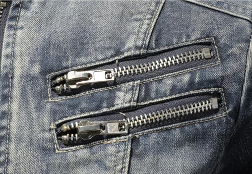 Herren blau Denim Jeansjacke Reißverschlussband Kragen Motorradmantel Reißverschlusstasche - Bild 6 von 11
