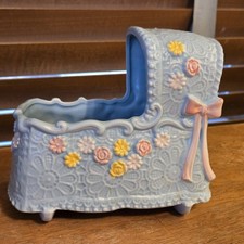 VTG 1950s Napco Blue Baby Bassinet Trinket Crib Ceramic Nursery Planter Japan