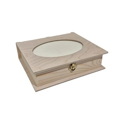 Bücherkasten aus blankem Holz 218 mm x 183 mm mit ovalem Bilderfenster