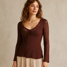 Vintage Y2K Rampage Brown Crochet Knit Top Boho Festival Hippie Fairycore S