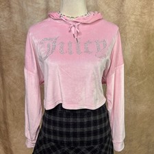 Juicy Couture Velour Hoodie Pink Cropped Sweatsuit Top Rhinestone McBling Y2K
