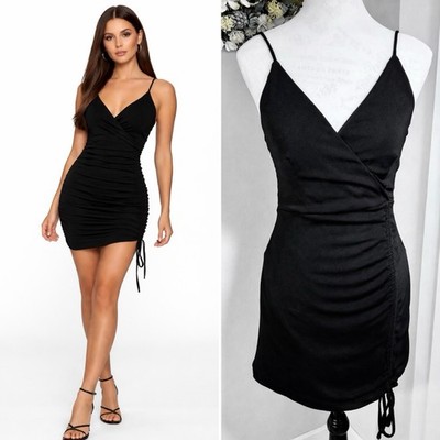  MABLE Black Side Ruched Self-Tie Strappy Knit BodyCon Mini LBD Dress Sz S 