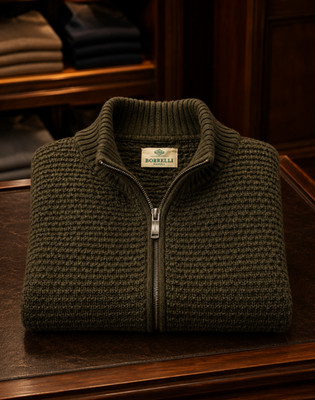 New LUIGI BORRELLI Italy Green Knit Merino Wool Full Zip Sweater L (EU 52)