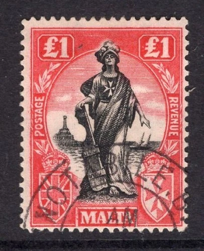 MALTA 1922-26 DEFINITIVE £1 BLACK & BRIGHT CARMINE VERY FINE NOTABILE CDS USED
