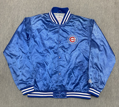 Vintage Chicago Cubs Jacket Youth XL (18-20) Blue Satin Baseball Snap MLB 90 Y2K