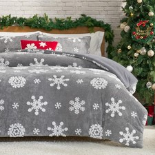 Christmas Comforter Set Queen, Fluffy Fleece Bedding Set with Christmas Snowf...