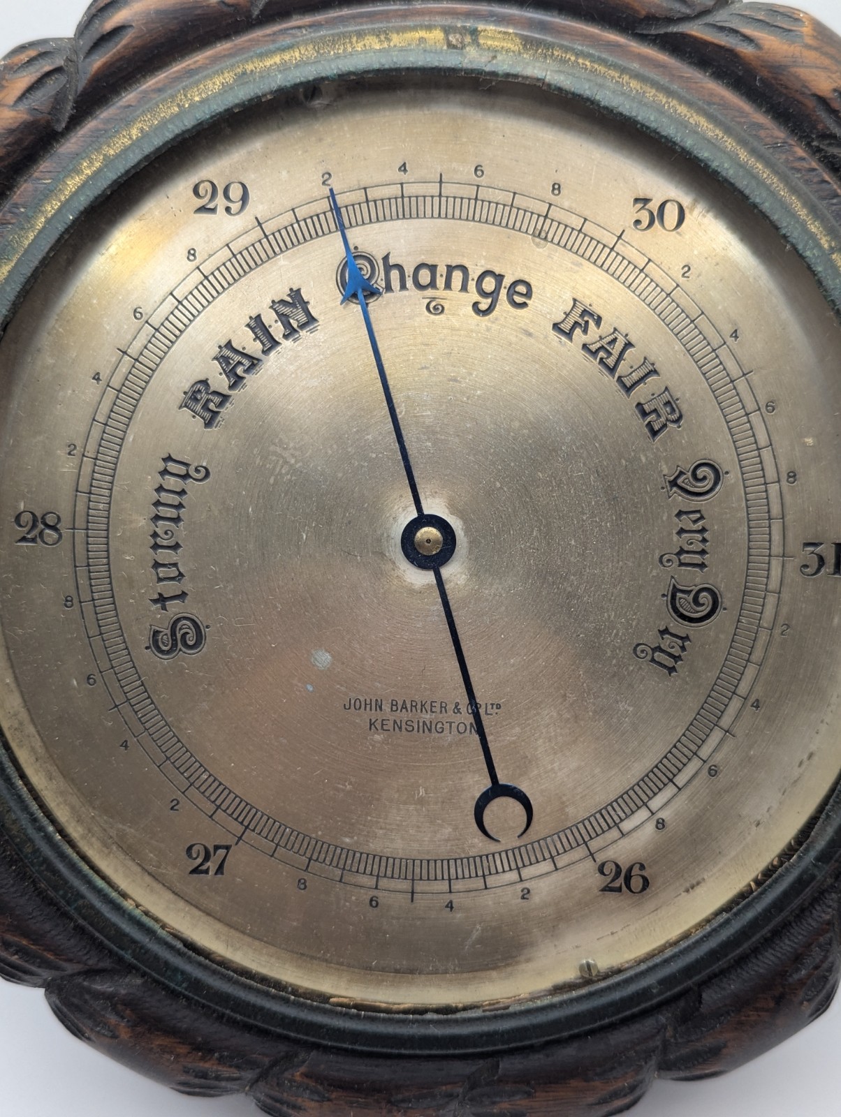 VTG English Aneriod Barometer John Barker & Co Kensington carved oak no glass