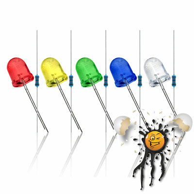 10mm LED + Widerstand 3.3V 5V 6V 9V 12V red blue white yellow green 10-Teile