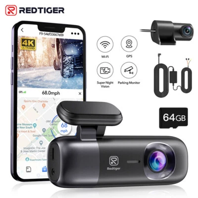 REDTIGER Dashcam vorne hinten 4K, WiFi AutoKamera mit 64GB Karte, Hardwire-Kit