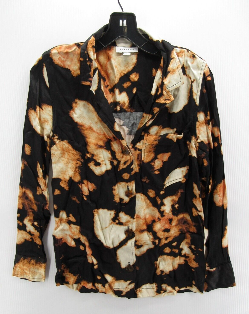 Topshop Top Women Black Button Up Shirt Tie Dye Career Preppy