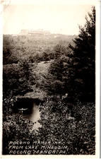 Pocono Manor Inn from Lake Minausin Pennsylvania Canoe 1925 RPPC Postcard Photo