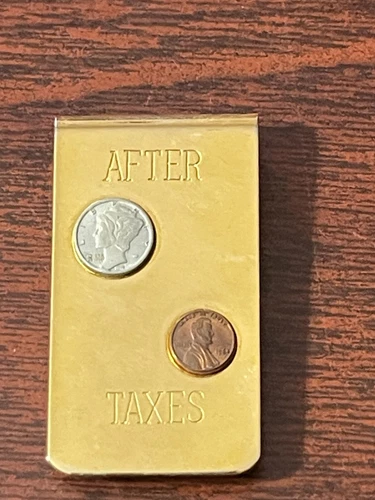 New gold tone metal money clip After Taxes Liberty head & Penny miniature coins