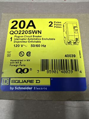 New Square D , QO220SWN, 20A, Plug-on Circuit Breaker, 2Poles, 120V, 50/60Hz