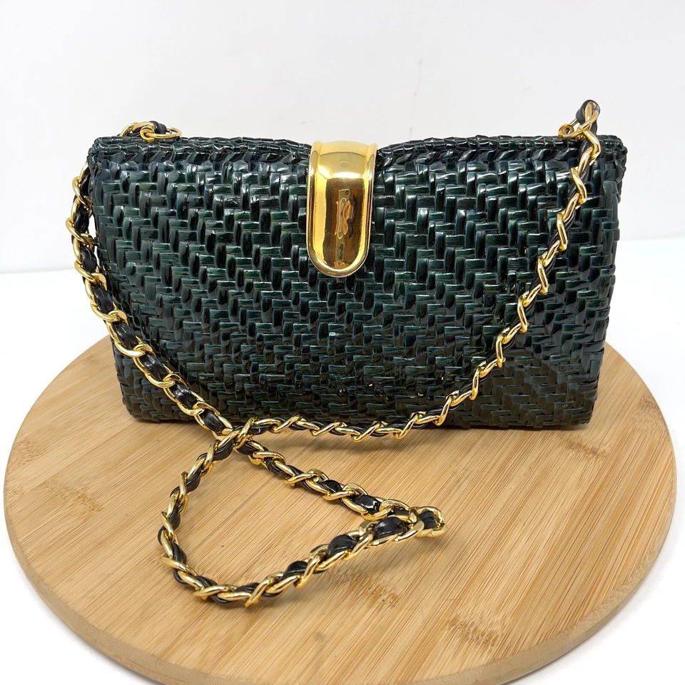 RODO ITALY Evening Bag Wicker Clutch Crossbody Emerald Green Gold Rare